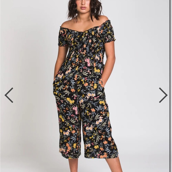 Patrons of peace Floral smoked Off-Shoulder Jumpsuit wide leg flare romper - Picture 1 of 8
